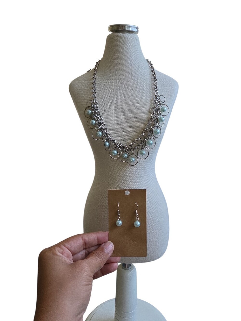 Silver Chain Necklace and Earrings Set with Light Blue Beads 18"